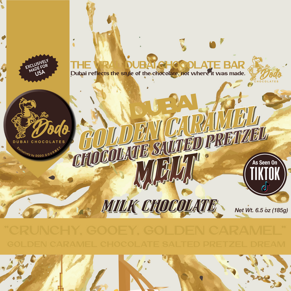 Viral Dodo Dubai Golden Caramel Milk Chocolate Pretzel Melt Ultimate Chocolate Bar Experience